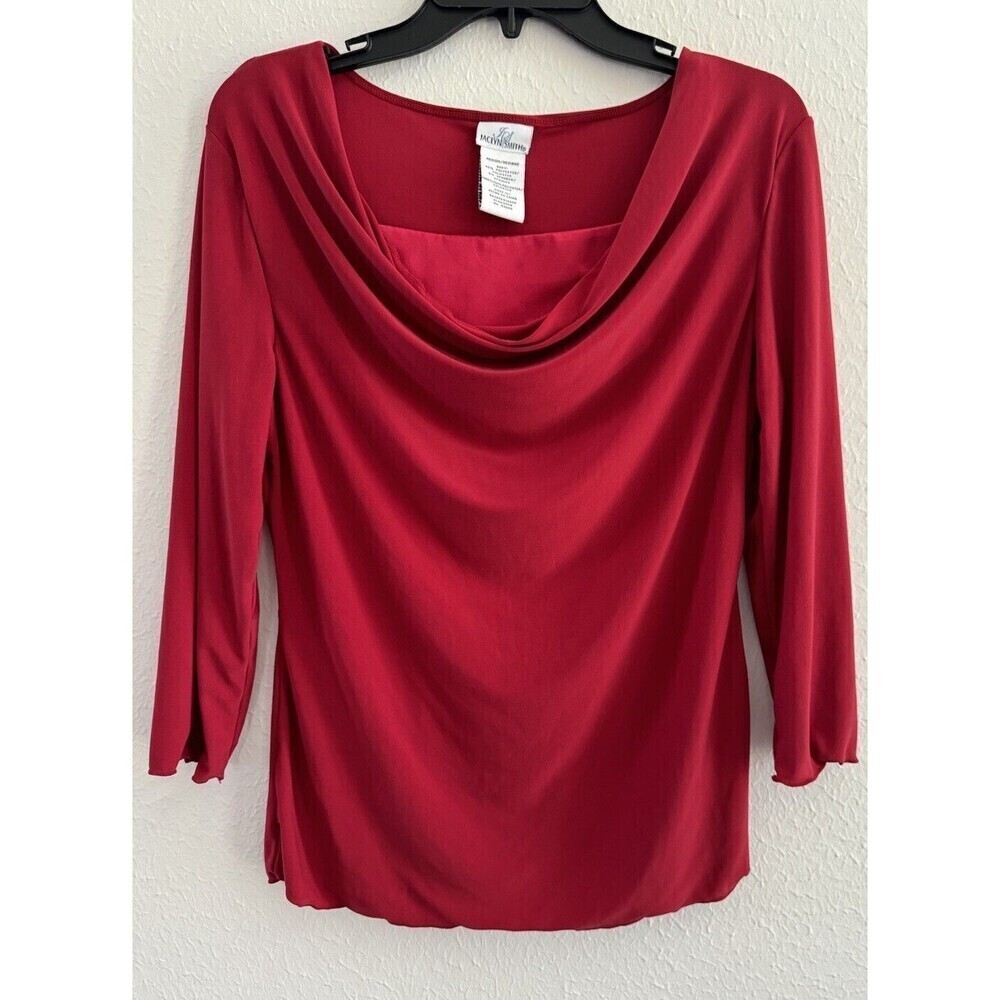 Jaclyn Smith Cowl Blouse Red Satin Stretch Polyester 3/4 sleeves size medium